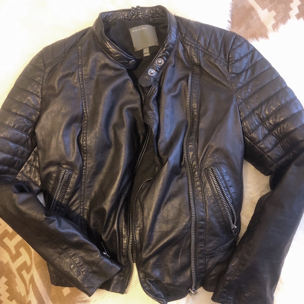 Muubaa Moto Mockneck Black Genuine Leather Jacket